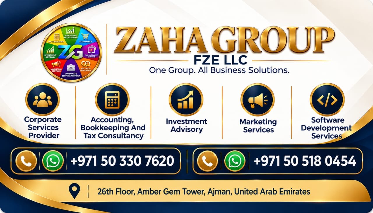 ZAHA GROUP FZE LLC business card: One Group. All Business Solutions. Phone +971 50 330 7620 and +971 50 518 0454. 26th Floor, Amber Gem Tower, Ajman, United Arab Emirates